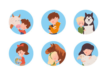 Boys and girls with domestic animals in circle frames flat vector isolated.