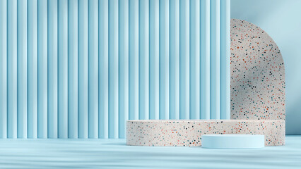 3D render mockup scene colorful terrazzo podium in landscape sky blue textured wall and floor
