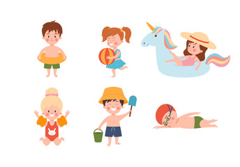 Cute kids and beach activities, cartoon flat vector illustration isolated on white background.