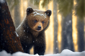 	
Brown bear cub in the snowy forest. Wildlife scene. Digital artwork	
