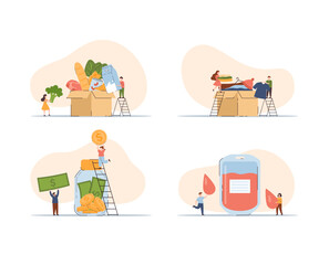 Charity and donation of money and clothes, food and medicine flat vector isolated.