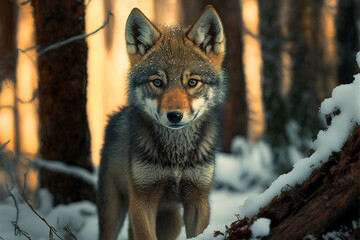 Gray wolf cub in winter forest. Making eye contact. Snowy landscape. Digital artwork
