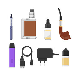 Obraz premium Vaping accessories and equipment set, flat vector illustration isolated on white background.