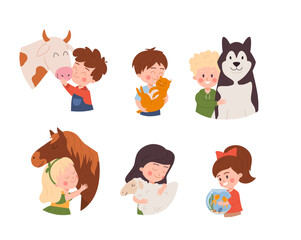 Naklejka premium Children with pets domestic and farm animals flat vector illustration isolated.