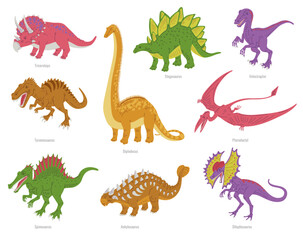 Set of colorful ancient dinosaurs with titles flat style, vector illustration