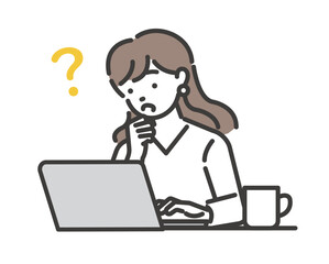 ノートパソコンを使いながら首をかしげる女性のベクターイラスト素材／ビジネス／在宅ワーク
