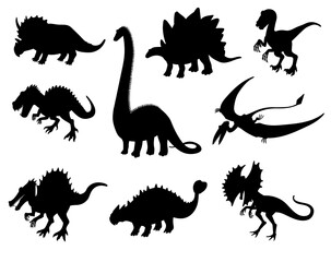 Set of black silhouettes of different dinosaurs flat style