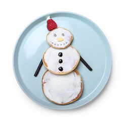 Plate with tasty pancakes in shape of snowman on white background