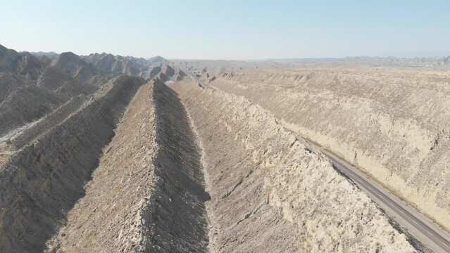 Aerial View Of Dramatic Rock Formations At Hingol National Park Beside Makran Coastal Highway. Dolly Left
