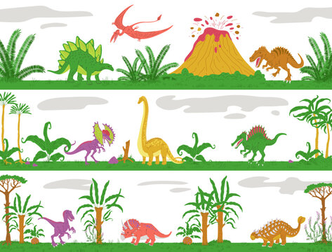 Prehistoric Jurassic backgrounds collection with dinosaurs vector illustration.