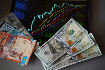 Almaty, Kazakhstan - 10.04.2022 : Stock charts on the tablet and tenge and dollar banknotes on the table.
