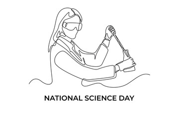 Single one line drawing young female scientist conducting experiment with test tubes. Science day concept. Continuous line draw design graphic vector illustration.