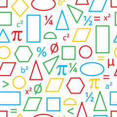 geometric shapes and math symbols in primary colors. Seamless pattern with triangle, circle, rectangle, square, rhombus, ellipse, pi, equal sign, diameter, variables for science and mathematics