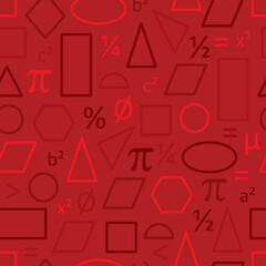 geometric shapes and math symbols on a red background. Seamless pattern with triangle, circle, rectangle, square, rhombus, ellipse, pi, equal sign, diameter, variables for science and mathematics