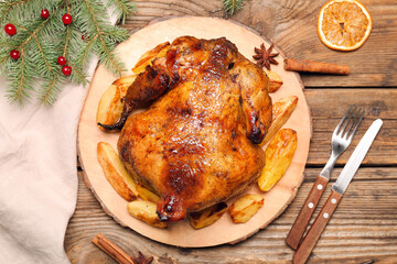 Christmas table setting with tasty chicken and potato on wooden background