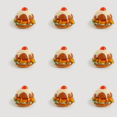 Seamless pattern with sandwich in the form of Hanukkah donut Sufganiyah made from fresh vegetables, mashed sweet potato Batata and tahini sauce on white background.