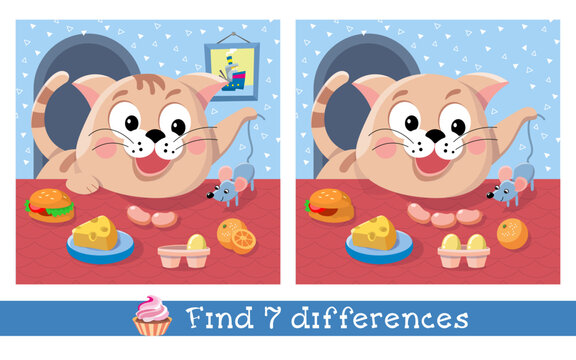 Find 7 Differences. Puzzle game for children. Cute cat playing with mouse in kitchen. Cartoon characters vector illustration. Scene for design and books.