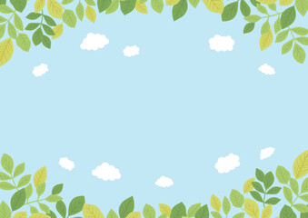 爽やかな青空と葉っぱの背景イラスト