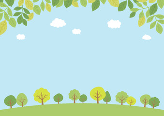 爽やかな青空と葉っぱと木の背景イラスト