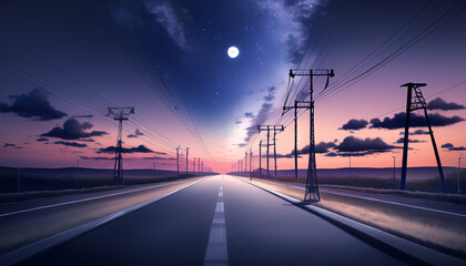 Fototapeta na wymiar Drawing of the night road. A beautiful sky with the moon and stars. Power transmission towers. The road into the distance.