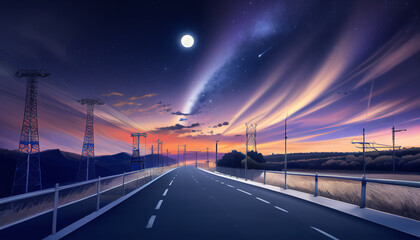 Fototapeta na wymiar Drawing of the night road. A beautiful sky with the moon and stars. Power transmission towers. The road into the distance.