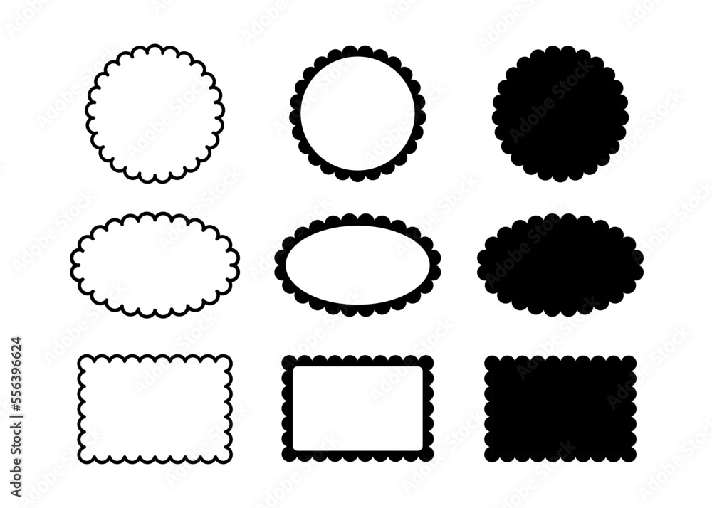 Poster circle and square scalloped frames set. scalloped edge rectangle and ellipse shapes. simple label an