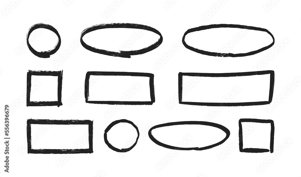 Poster grunge hand drawn circles, rectangles and ovals. collection of textured highlight circle and square 