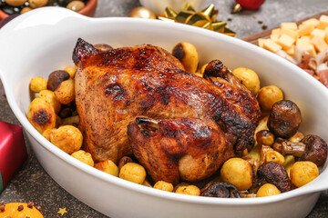 Baking dish with tasty chicken and potato on dark table, closeup