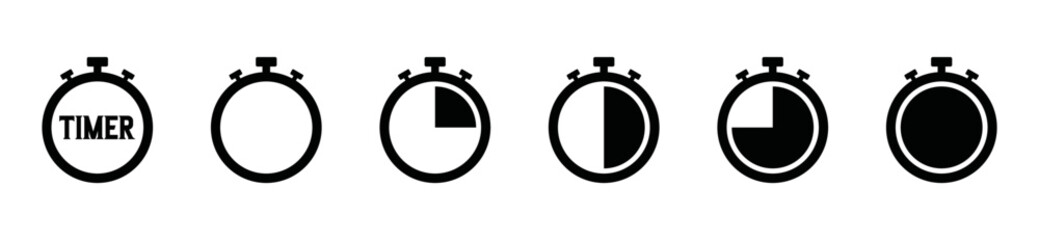 Timers icon set. Stopwatch sign symbol. Countdown timer vector illustration. Seconds, minute, and hours counter clock symbol.