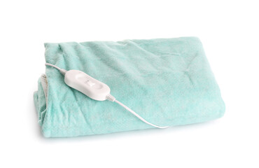 Green electric heating pad with controller on white background