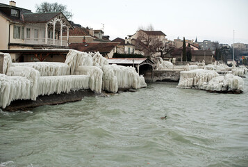 Severe winter, frozen shore of Geneva Lake, Versoix, canton of Geneva, Switzerland, Europe, water...