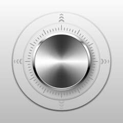 Round volume button sound control of silver shiny metal on gray background.