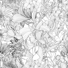 Seamless line pattern of hydrangea, lotus, dahlia, roses flowers for fabric design. Luxurious line art of spring flowers. 