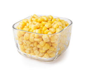 Bowl of canned corn isolated on white background
