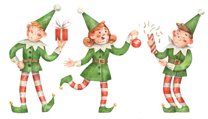 Obraz na płótnie Canvas Watercolor Christmas and New Year elves. Hand-drawn elves with gift, Christmas tree toy, cracker. Christmas greeting card. Happy Christmas elf. 
