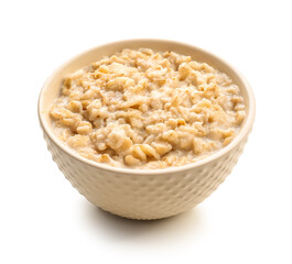 Bowl with tasty oatmeal isolated on white background