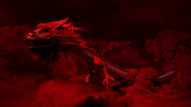 Chinese New Year Concept with Flying Dragon against a Cloudy Sky. Red design with copy-space.