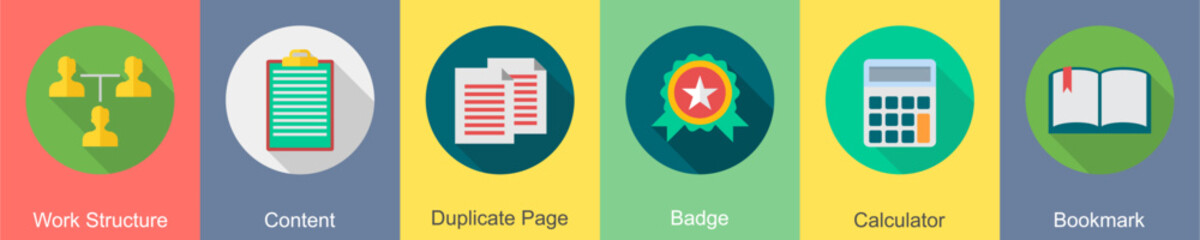 A set of 6 Education icons as work structure, content, duplicate page, badge