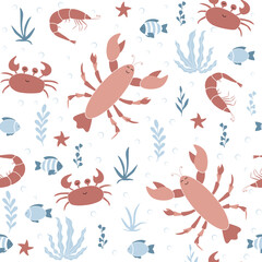 Obraz premium Cartoon lobsters, shrimps, with algae and starfish. Marine seamless pattern