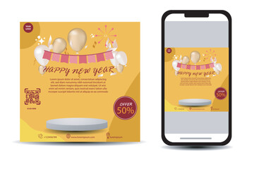social media post template for new year promotion advertisement with mobile phone mockup and podium for product display