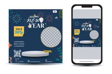 social media post template for new year promotion advertisement with mobile phone mockup and podium for product display