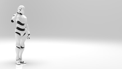 Fototapeta premium Detailed appearance of the white-black AI robot under white background. Concept 3D CG of automatic operation, optimization and block chain.