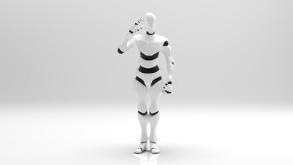 Fototapeta premium Detailed appearance of the white-black AI robot under white background. Concept 3D CG of automatic operation, optimization and block chain.