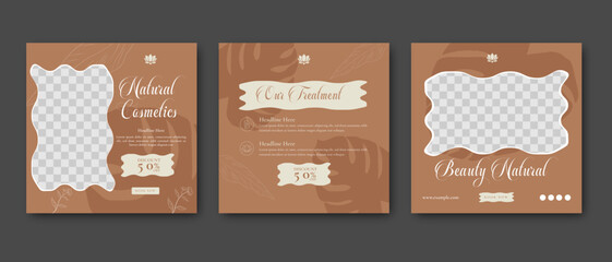 set of editable natural cosmetic's beauty and spa social media post banner ads. cosmetics sale promo poster layout for product collection post template.  spa salon all services square post vector. 