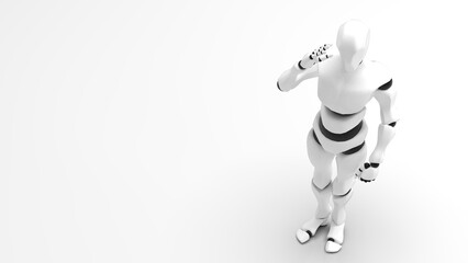 Detailed appearance of the white-black AI robot under white background. Concept 3D CG of automatic operation, optimization and block chain.