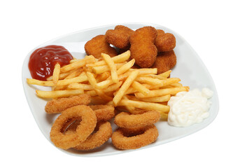 mixed fries plate, onion rings, nuggets and potatoes 