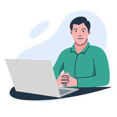 Young businessman looking ahead in front of laptop, employee working in the office, freelancer in home, illustration vector flat style.