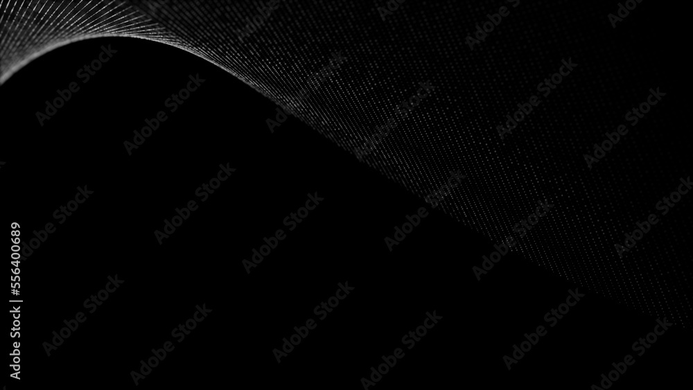 Poster Wave of digital particles on a black background. Abstract interlacing lines and points. Digital connection of elements. Simulation of the movement of small particles. 3D rendering.