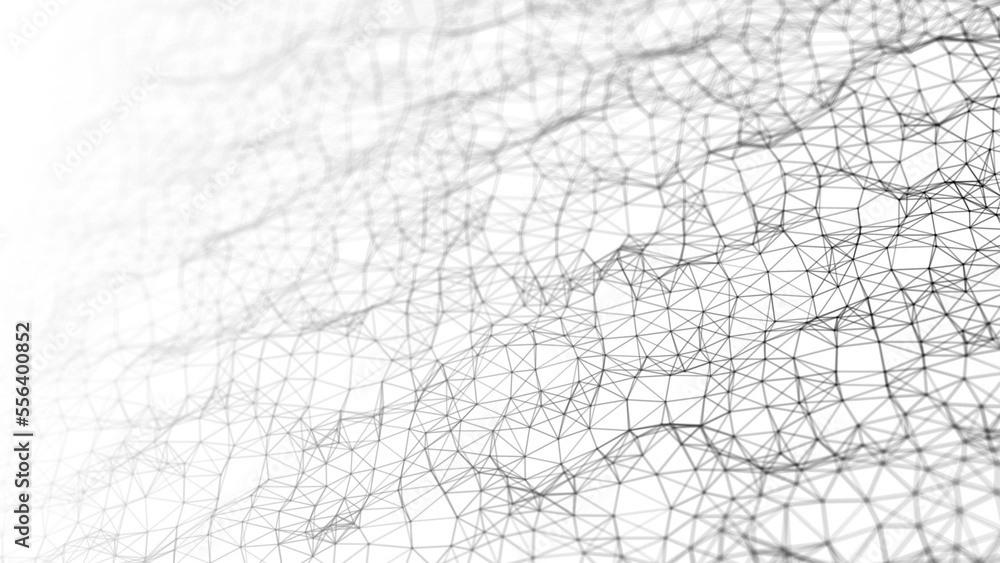 Poster Wave of particles on a white background. Abstract interlaced lines and dots. Digital connection of elements. Imitation of waves. 3d rendering.