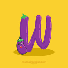 Letter W with cute eggplant sitting beside it. flat design vector